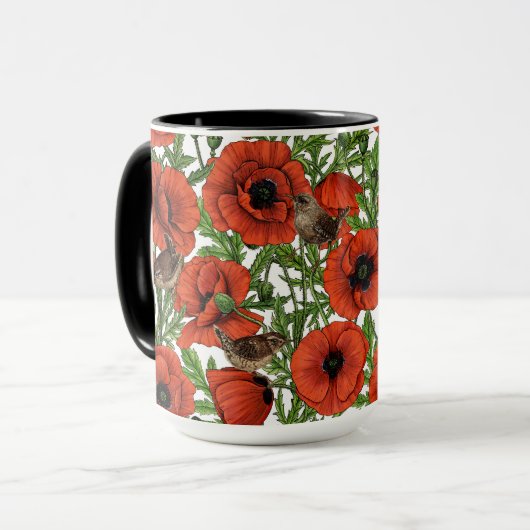 Rode klaprozen en wratten, groene bladeren op wit mok (Voorkant links)