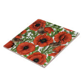 Rode klaprozen en wratten, groene bladeren op wit tegeltje (Zijkant)