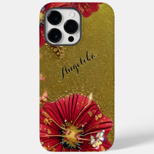 Rode klaprozen Goud glinstert Aangepaste naam Case-Mate iPhone 14 Pro Max Hoesje