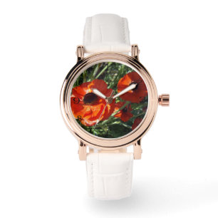 Rode klaprozen groeien aan een plant, horloge