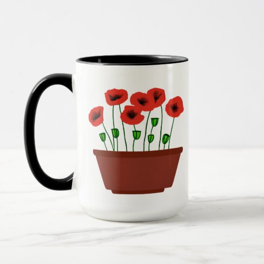 Rode klaprozen in een terracotta plantenbak mok (Links)