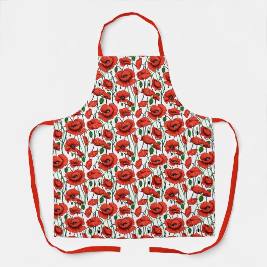 Rode klaprozen in een veld op wit schort (Voorkant)