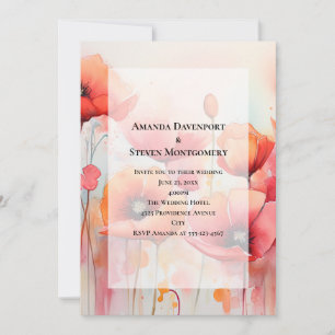 Rode klaprozen in een veld Waterverf bruiloft Kaart