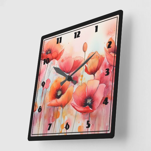 Rode klaprozen in een veld Waterverf Vierkante Klok (Hoek)