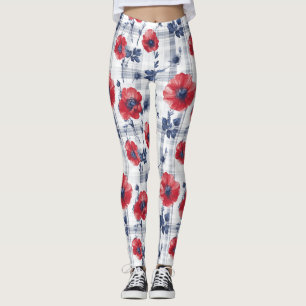 Rode klaprozen met blauwe bladeren op blauw geruit leggings