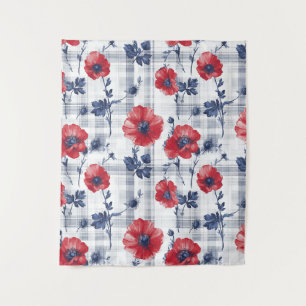 Rode klaprozen met blauwe bladeren op blauw geruit wandkleed