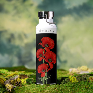 rode klaprozen met bloemnaam waterfles