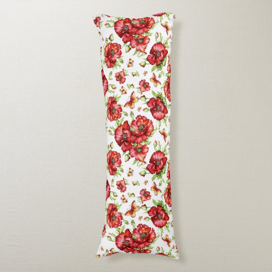 Rode klaprozen met groen gebladerte op witte achte lichaamskussen (Voorkant Verticaal)