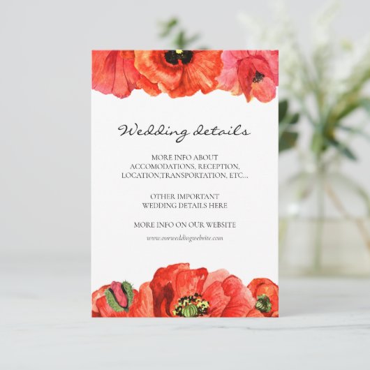 Rode klaprozen waterverf bruiloft details kaart (Staand voorkant)