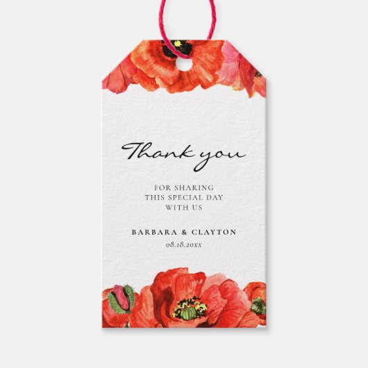 Rode klaprozen waterverf bruiloft gunst cadeaulabel (Voorkant)