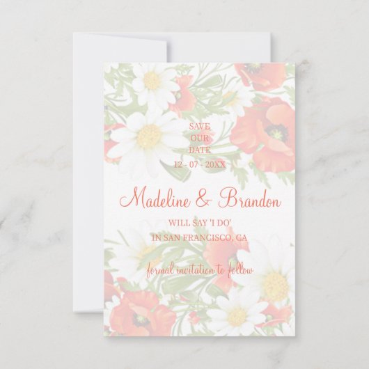 Rode klaprozen Witte gele madeliefjes Bloemkrans Save The Date (Achterkant)