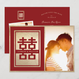 Rode Klassieke Dubbele Geluk Chinese Huwelijksfoto Save The Date