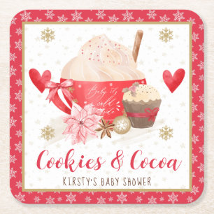 Rode koekjes en cacaobabyfeestje vierkante kartonnen onderzetter