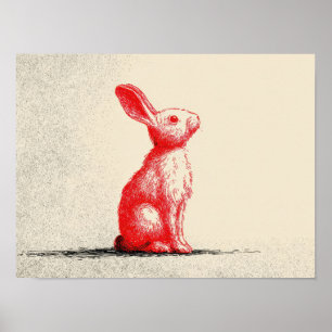 Rode Konijn Illustratie - Minimalistische Vintage Poster