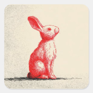 Rode Konijn Illustratie - Minimalistische Vintage Vierkante Sticker