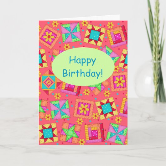 Rode koraal patchwork Quilt Block Art Happy Birthd Kaart (Voorkant)