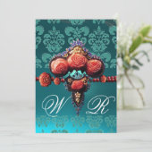 RODE KORAAL ROZEN, AQUA BLAUWE ZWARTE DAMAST MONOG KAART (Staand voorkant)