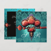 RODE KORAAL ROZEN,AQUA BLAUWE ZWARTE DAMAST MONOGR KAART (Voorkant / Achterkant)