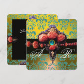 RODE KORELE ROZEN, AQUA BLUE GEEL DAMASKMONOGRAM KAART (Voorkant / Achterkant)