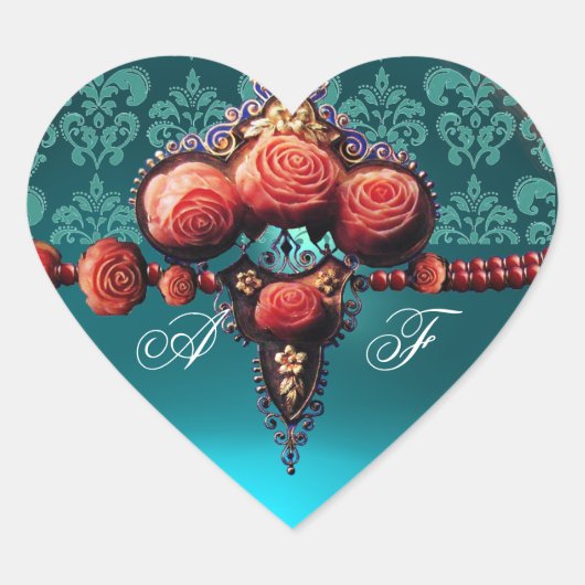 RODE KORELE ROZEN, BLAUWE ZWARTE DAMASKHARMONOGRAM HART STICKER (Voorkant)