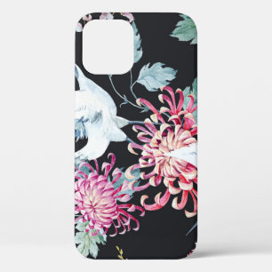 Rode kraan Chrysanthemum Waterverf Patroon iPhone 12 Hoesje