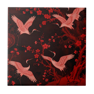 Rode Kraanvogel Kersenbloesem Chinoiserie Patroon Tegeltje