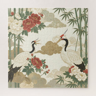 Rode Kraanvogel Pioen Bamboe Aziatisch Legpuzzel