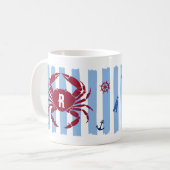 Rode Krab Blauwe Strepen Maritieme Iconen Monogram Koffiemok (Voorkant links)