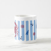 Rode Krab Blauwe Strepen Maritieme Iconen Monogram Koffiemok (Center)