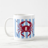 Rode Krab Blauwe Strepen Maritieme Iconen Monogram Koffiemok (Links)