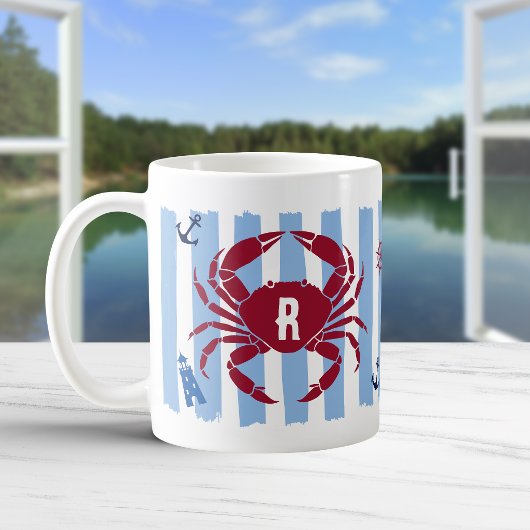 Rode Krab Blauwe Strepen Maritieme Iconen Monogram Koffiemok
