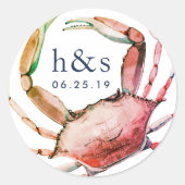 Rode krab bruiloft Monogram Ronde Sticker (Voorkant)