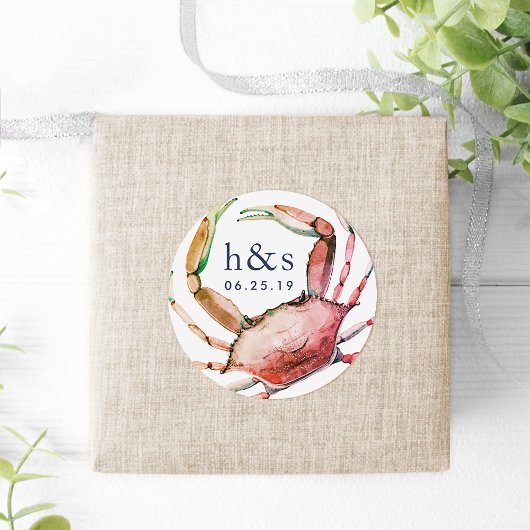 Rode krab bruiloft Monogram Ronde Sticker