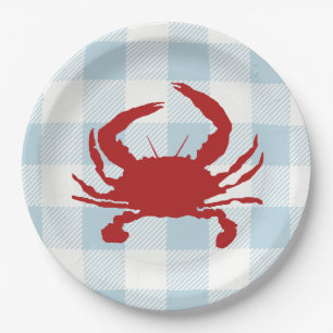 Rode Krab Schilderij Nautisch Blauw Gingham Coasta Papieren Bordje