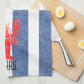 Rode Kreeft op Blauwe Witte Denim Strepen Theedoek (Quarter Fold)