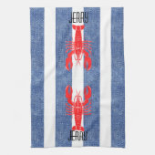 Rode Kreeft op Blauwe Witte Denim Strepen Theedoek (Verticaal)