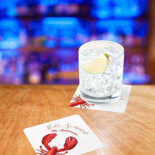 Rode kreeft witte zomer naam feest vierkante kartonnen onderzetter