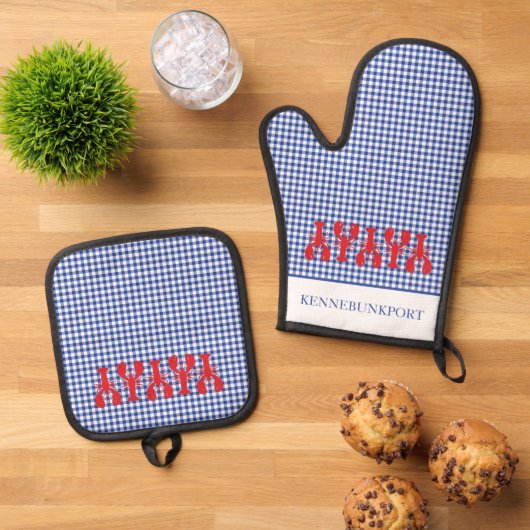 Rode kreeften Kuststad NAAM Check Maine Fun Ovenwant & Pannenlap Set (Top down)