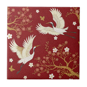 Rode Kroonkraan Sakura Patroon (1) Tegeltje