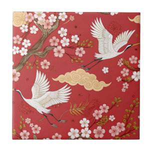 Rode Kroonkraan Sakura Patroon (2) Tegeltje