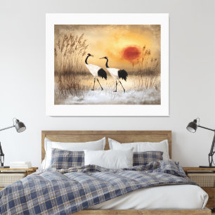 Rode kroonkraanvogels, aquarel kunstwerk, canvas afdruk