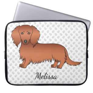Rode Langharige Dachshond Cartoon Hond & Tekst Laptop Sleeve