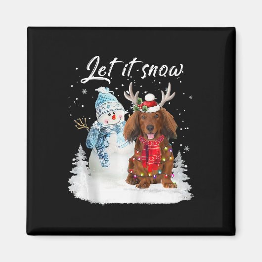 Rode langharige teckel Santa Dog Kerstsneeuw Magneet (Voorkant)