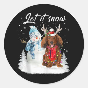 Rode langharige teckel Santa Dog Kerstsneeuw Ronde Sticker