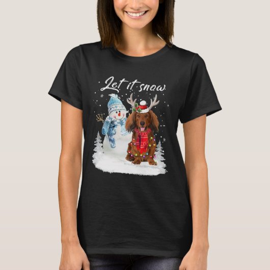 Rode langharige teckel Santa Dog Kerstsneeuw T-shirt (Voorkant)