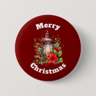 Rode Lantaarn Poinsettia en Pine Merry Christmas Ronde Button 5,7 Cm