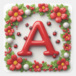 🐞 Rode Letter A met Lieveheersbeestjes Klaprozen Vierkante Sticker