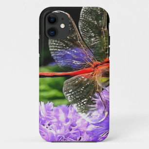 Rode libel op Violet Purple Flowers iPhone 11 Hoesje