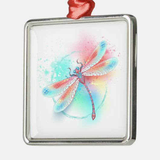 Rode libel op waterverf achtergrond metalen ornament (Links)