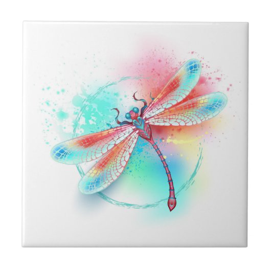 Rode libel op waterverf achtergrond tegeltje (Voorkant)